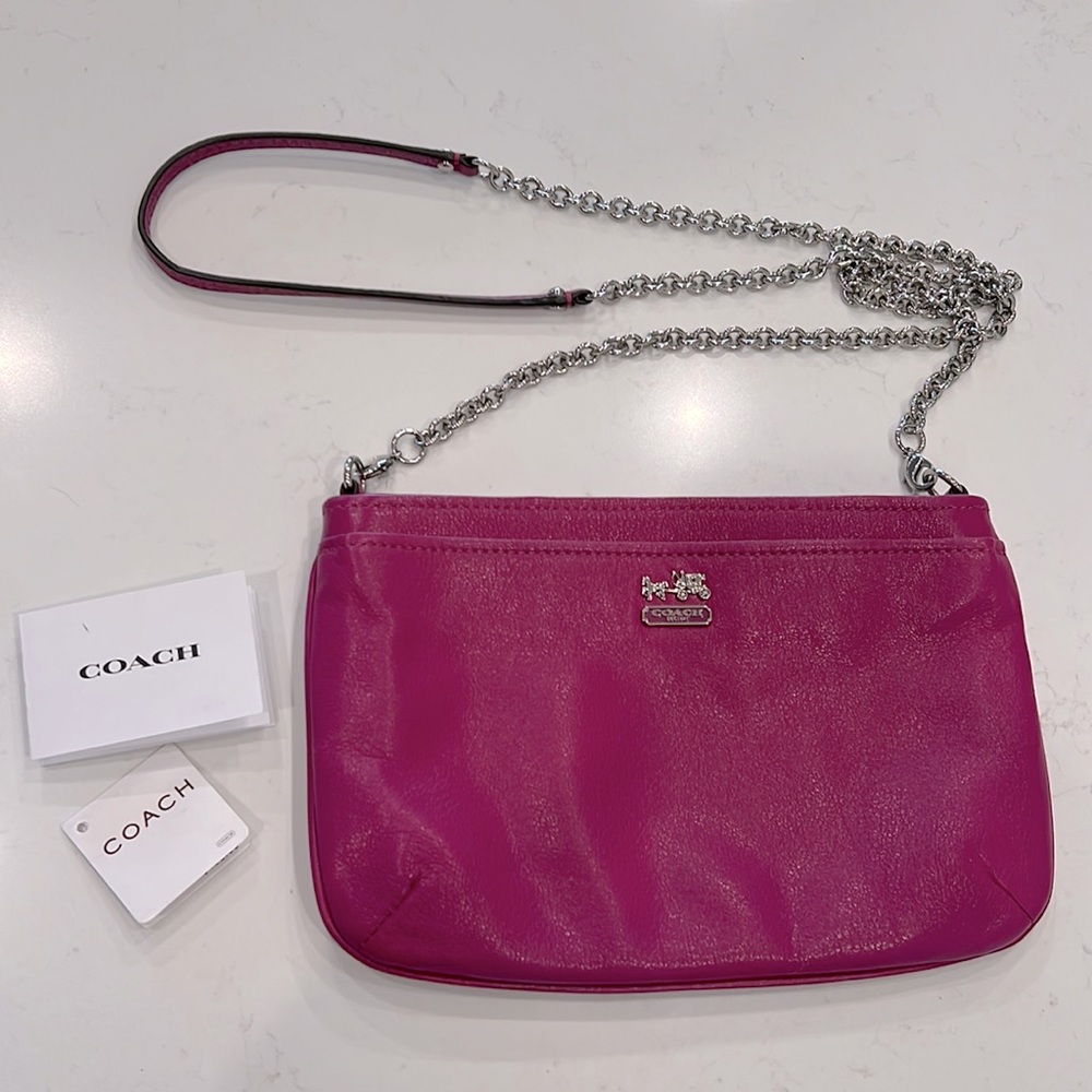 NEW gorgeous magenta COACH crossbody with silver chain. Perfect bag for spring!